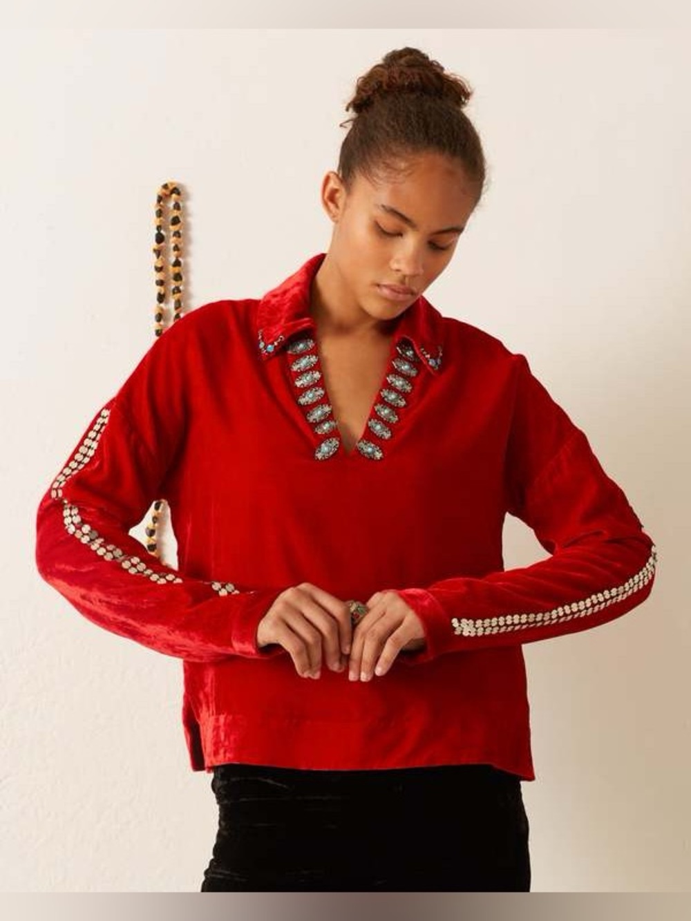 Alix Of Bohemia Dylan Ruby Velvet Jeweled V-Neck Pullover Sz-S